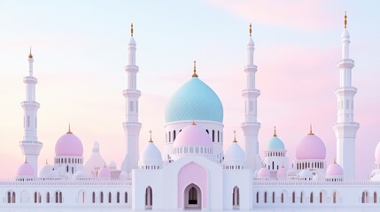 Fototapeta premium Majestic mosque with pastel domes and elegant minarets against a soft sunset sky, embodying tranquility and cultural beauty.