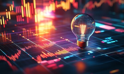 Glowing Lightbulb on a Digital Interface with Lines and Data