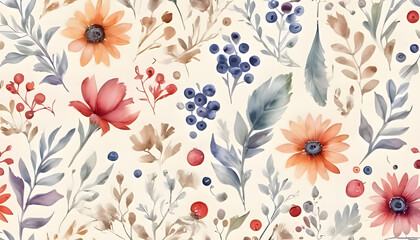 Colorful seamless floral pattern with abstract flowers, leaves and berries. Watercolor print in rustic vintage style, textile background