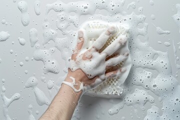 Hand cleaning white surface with metal sponge and foam