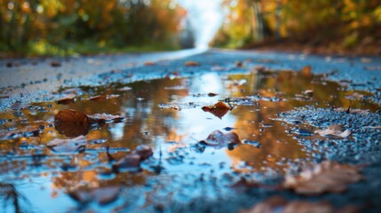 Fototapeta premium A road with leaves on it and a reflection of the leaves in the water