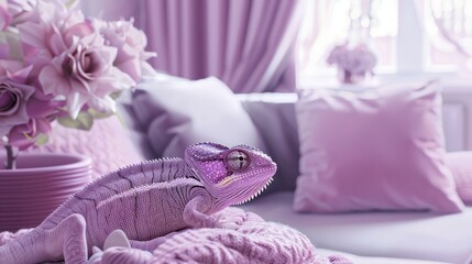A vibrant chameleon rests on a plush sofa adorned with pink decor, showcasing a serene and stylish interior design.