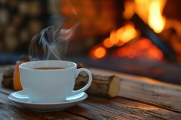 Obraz premium Hot tea in a white cup by a fireplace in a cozy log cabin