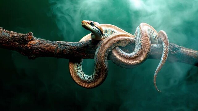 Exotic snake coiled around a tree branch with a smoky green background, emphasizing its natural habitat and reptile behavior