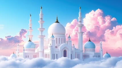 Naklejka premium A majestic palace floating among soft clouds, with golden domes and elegant spires against a colorful sky.