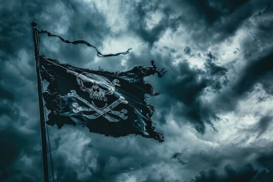 Image displays pirate flag with skull and crossbones against stormy sky