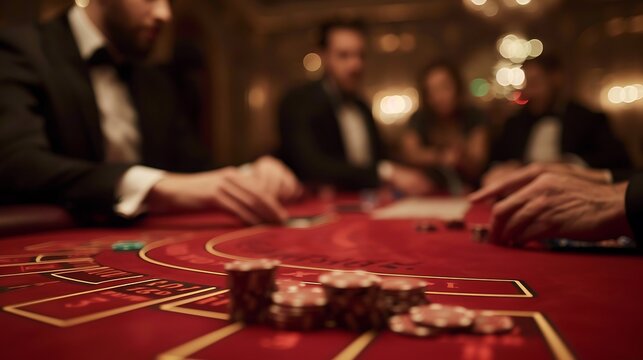 A dramatic poker scene where a player goes all-in, their chips scattered across the table, with other players watching intently in a dimly lit casino room, rich in reds and golds
