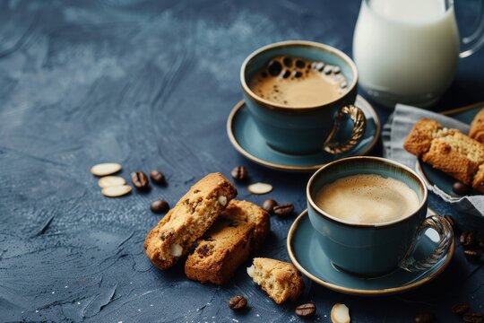 Italian espresso and cookies with milk on dark blue background top view copy space Food frame idea