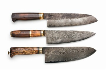 Japanese steel damascus kitchen knives isolated on white background with clipping path © TuruMuru