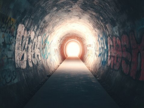 Dark tunnel with graffiti of stigmatizing phrases, light at the end, 3D illustration