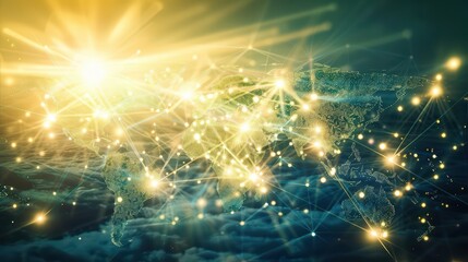 Obraz premium Beautiful global network concept with glowing connections, bright light, and a map highlighting digital communication and innovation.