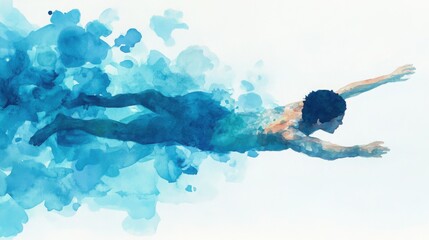 An energetic watercolor of a person swimming in clear water, with immune-boosting elements subtly incorporated into the fluid movements, emphasizing health through fitness