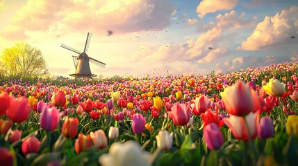   A windmill rests amidst a field of vibrant tulips while a group of birds soar overhead in the sky