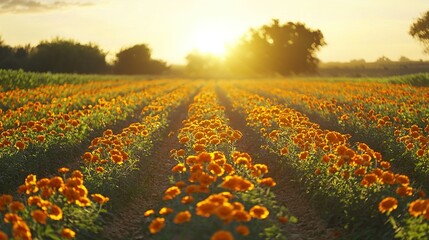 Fototapeta premium An orange-filled field with sunset in the distance and trees in the background