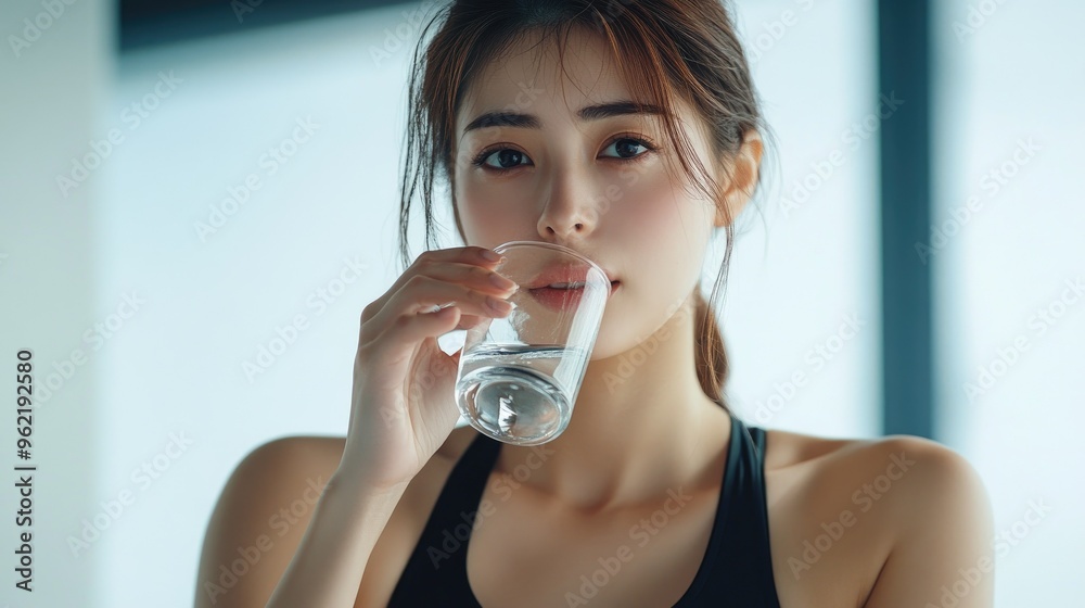 Wall mural a beautiful japanese woman is drinking water from the glass. portrait. close up view