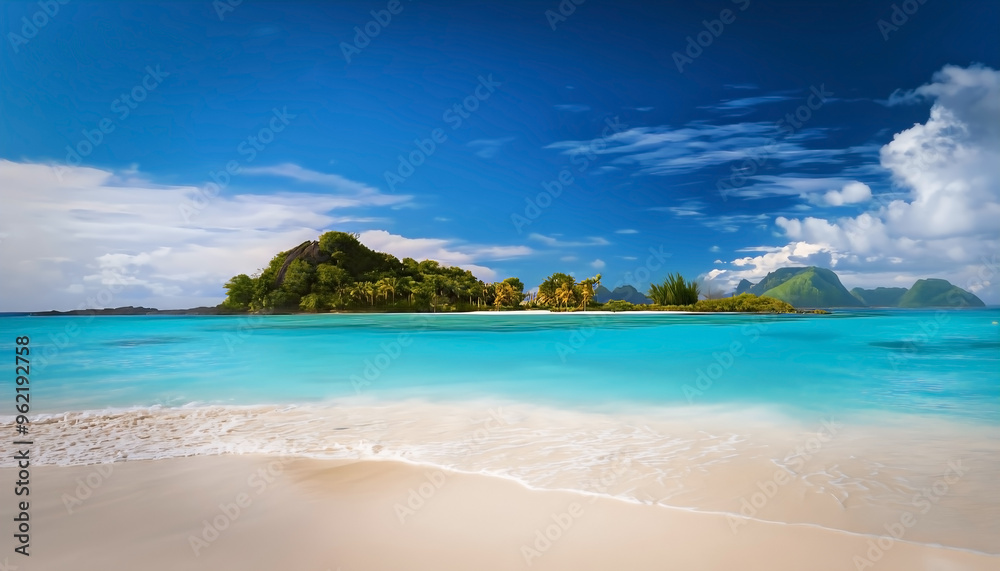 Wall mural sandy tropical beach with island on background