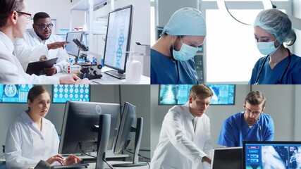 Collection of images featuring medical professionals and scientist in lab and surgery, highlighting teamwork, innovation, and advanced healthcare technology. - Powered by Adobe