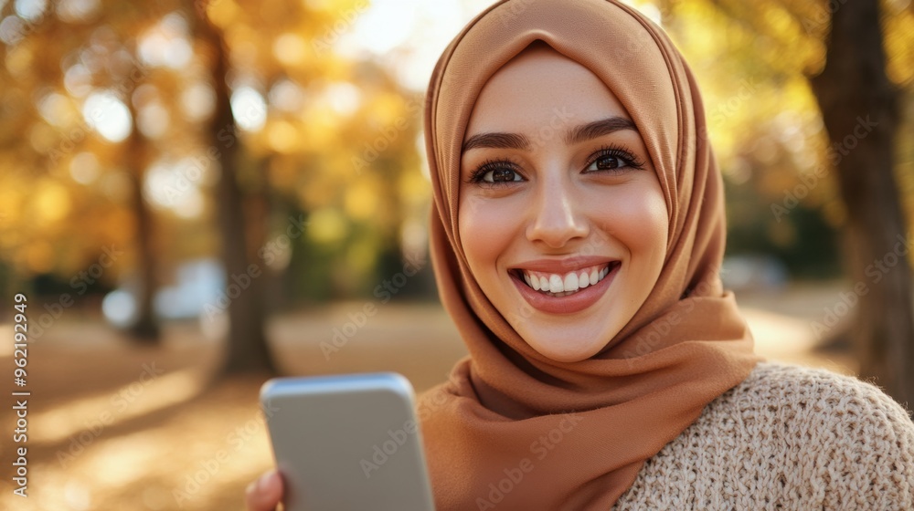 Canvas Prints a woman in a hijab holding up her cell phone, ai