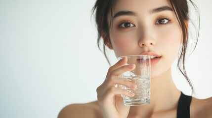 A beautiful Japanese woman is drinking water from the glass. Portrait. close up view