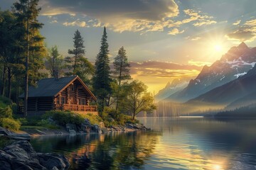 Fototapeta premium Sunset over lake and cabin