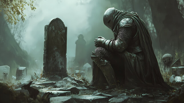 Fantasy art of graveside knight kneels, pray whispered to dead friends and victims. Knight. Illustration