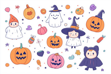 Obraz premium Charming Halloween pattern with cute ghost, witches, and Jack-o'-lantern characters