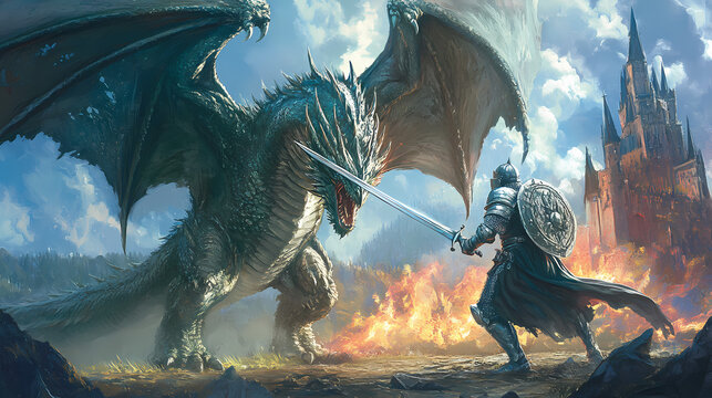 Fantasy scene knight fighting dragon. Knight. Illustration