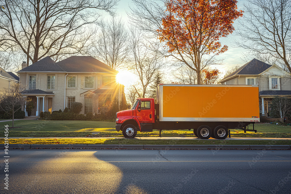 Wall mural a bright red moving truck, parked on a quiet street, bathed in the golden glow of a setting sun, hin