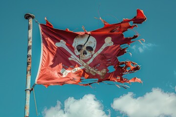 Torn pirate flag flying with blue sky behind