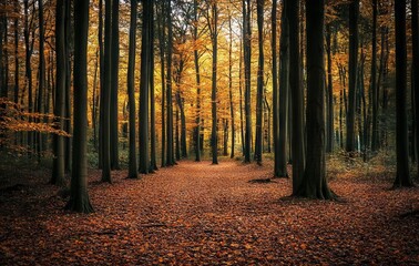 Obraz premium Golden Autumn Forest in Tranquil Light, AI generated illustration