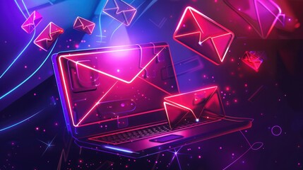 Neon Envelopes Surrounding a Laptop