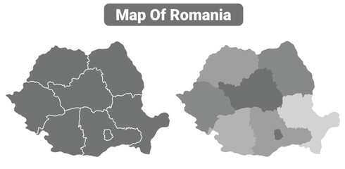 Greyscale Romania political map with borders outline style vector illustration set