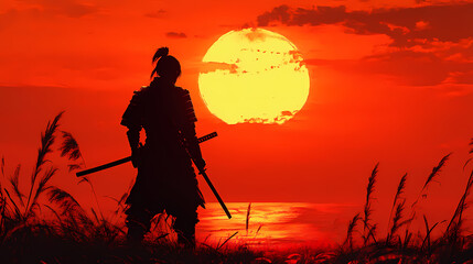 A samurai standing at sunset, generative ai. Samurai. Illustration