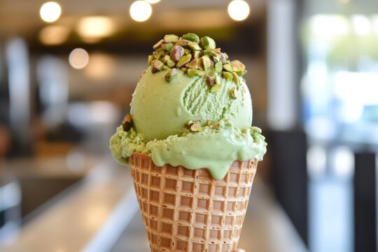 A scoop of pistachio gelato in a waffle cone, topped with chopped pistachios