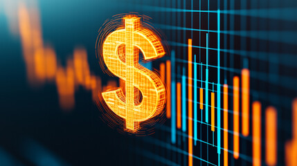 A glowing dollar sign hovering over a holographic financial chart, with a sharp downward trend