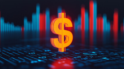A glowing dollar sign hovering over a holographic financial chart, with a sharp downward trend