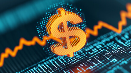 A glowing dollar sign hovering over a holographic financial chart, with a sharp downward trend