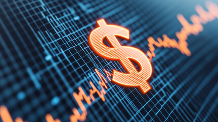 A glowing dollar sign hovering over a holographic financial chart, with a sharp downward trend