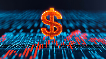 A glowing dollar sign hovering over a holographic financial chart, with a sharp downward trend