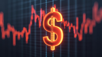 A glowing dollar sign hovering over a holographic financial chart, with a sharp downward trend