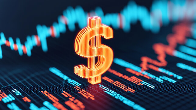 A glowing dollar sign hovering over a holographic financial chart, with a sharp downward trend - Powered by Adobe