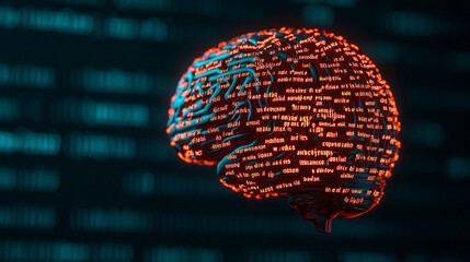 A glowing AI brain with streams of text being generated in real-time, set against a dark futuristic background,