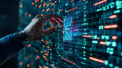 A cybernetic hand interacting with a holographic interface, displaying strategic military operations in a futuristic tech war setting