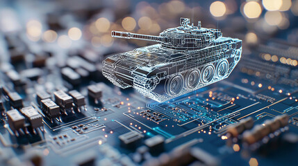 A holographic blueprint of an advanced tank floating above a digital circuit board