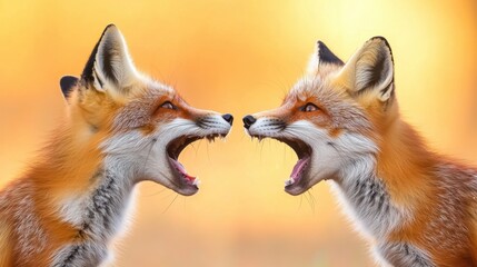 Fototapeta premium Two foxes are facing each other with their mouths open, AI