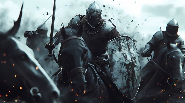 Battle of knights in armor on the battlefield, the struggle of good against evil. knights riders galloping on horses. sparks and flames, portraits of warriors. 3d render. Knight. Illustration