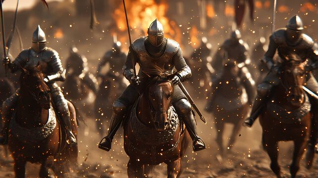 Battle of knights in armor on the battlefield, the struggle of good against evil. knights riders galloping on horses. sparks and flames, portraits of warriors. 3d render. Knight. Illustration