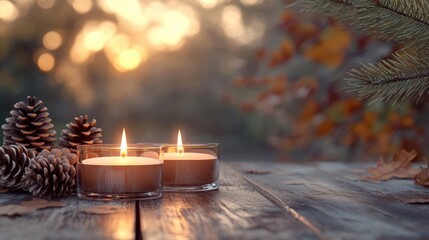 capture the essence of a cozy autumn evening with candles and pinecones on a wooden table, framed by autumn elements for a postcard template mockup