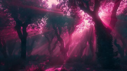 Fototapeta premium A dark olive forest illuminated by mysterious neon pink light rays shining through the trees, creating an otherworldly scene