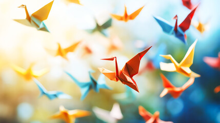 Colorful origami folded paper cranes. Origami birds. Colorful paper birds (origami birds)